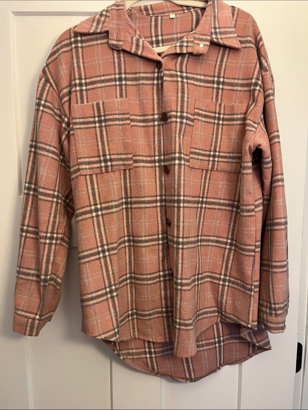 Source Unknown Pink Plaid Utility Shacket with Cream and Gray Stripes
